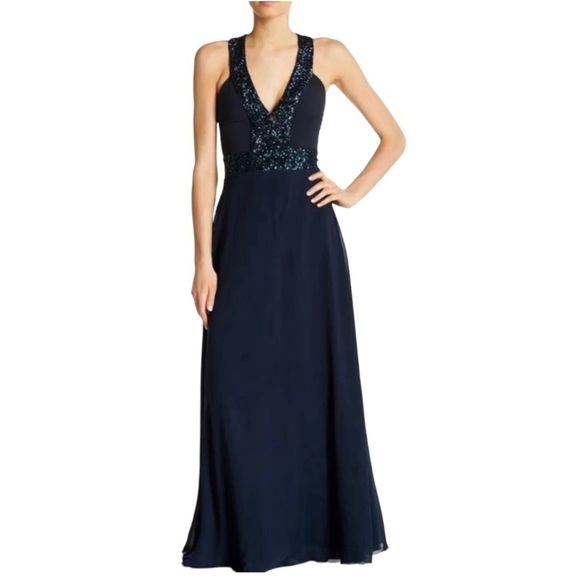 Dress The Population Delani Blue Sequin Trim Gown Maxi Cocktail Dress Women XS - Picture 2 of 13